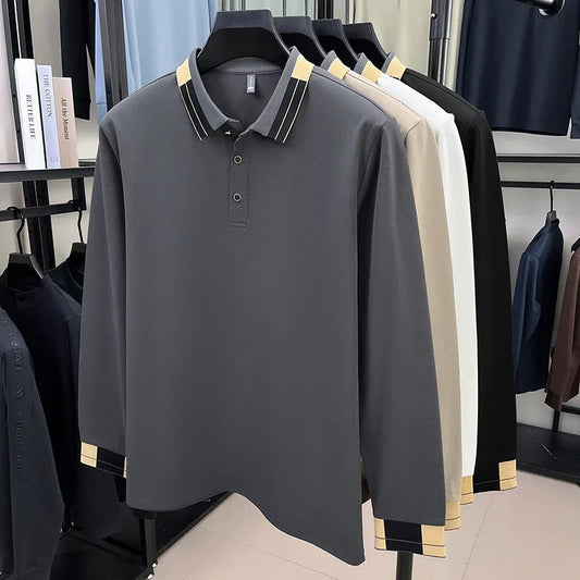 RUBYRU Men's Solid Long Sleeve Polo T-Shirt - Breathable Business Casual