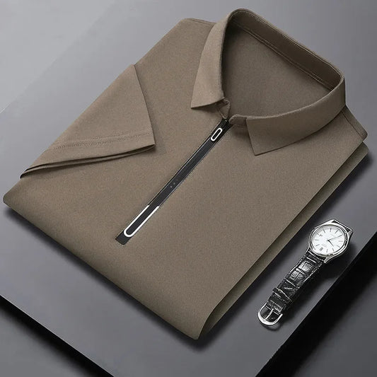 RUBYRU Men's Solid Zipper Short Sleeve Polo T-Shirt