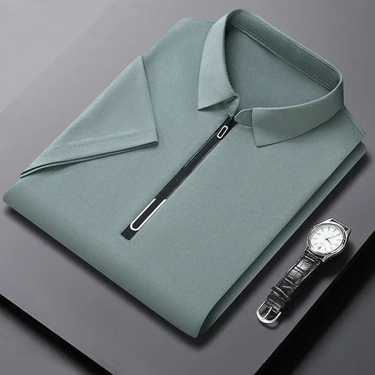 RUBYRU Men's Solid Zipper Short Sleeve Polo T-Shirt