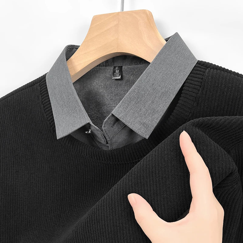 RUBYRU Men's Fake Two Layered Hoodie - Long Sleeve Casual Base T-Shirt