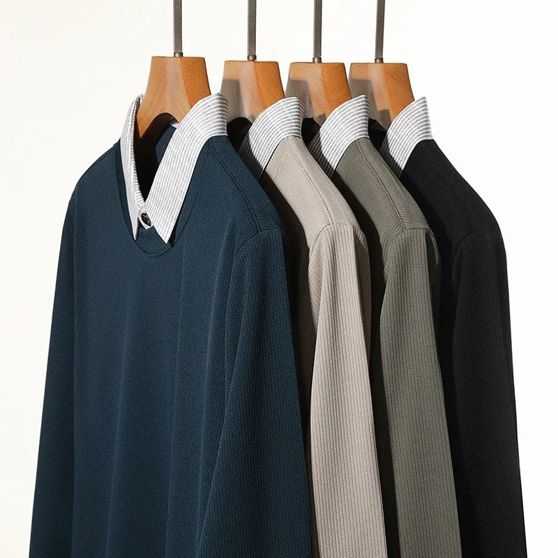 RUBYRU Men's Fake Two Piece Long Sleeve Polo Shirt - Casual