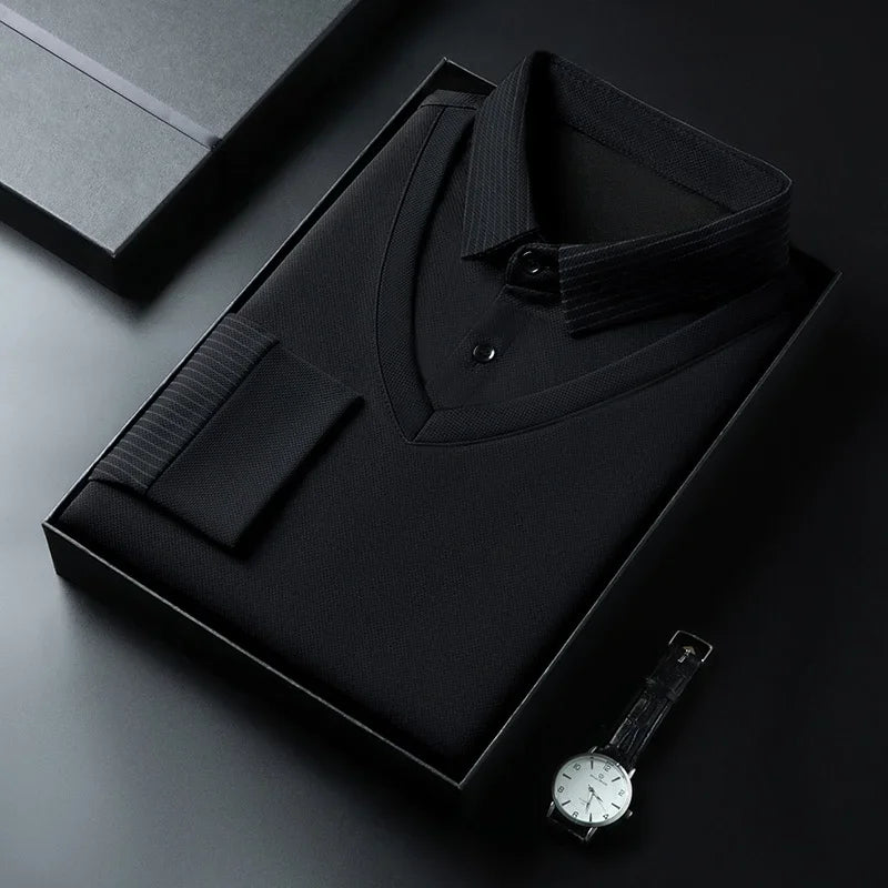 RUBYRU Men's Fake Two-Piece Long Sleeve Polo Shirt | All Season Casual