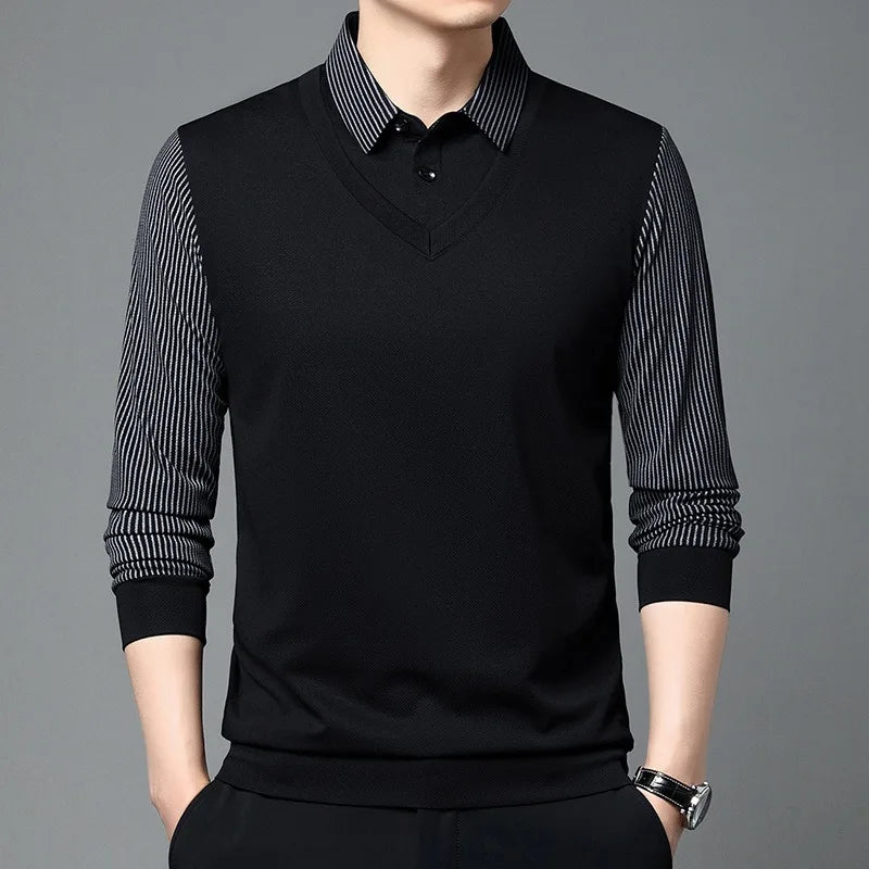 RUBYRU Men's Luxury Fake Two-Piece Long Sleeve Polo T-Shirt