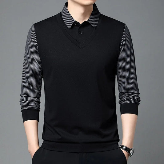 RUBYRU Men's Luxury Fake Two-Piece Long Sleeve Polo T-Shirt