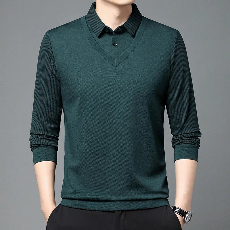 RUBYRU Men's Luxury Fake Two-Piece Long Sleeve Polo T-Shirt