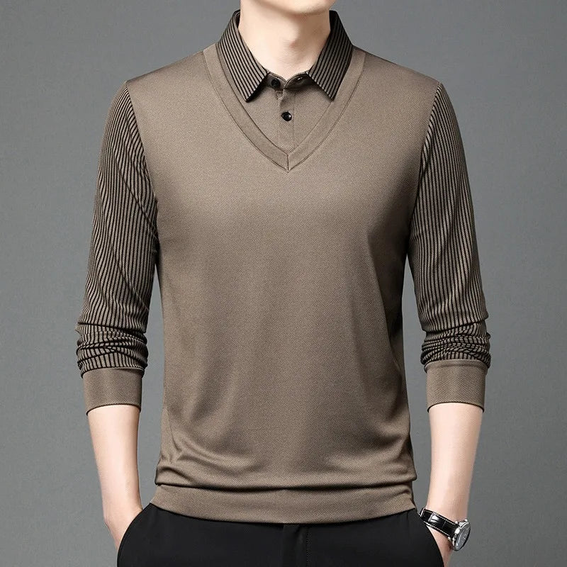 RUBYRU Men's Luxury Fake Two-Piece Long Sleeve Polo T-Shirt