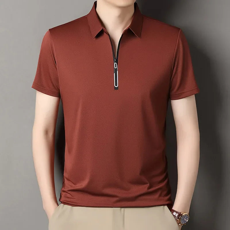 RUBYRU Men's Solid Zipper Short Sleeve Polo T-Shirt