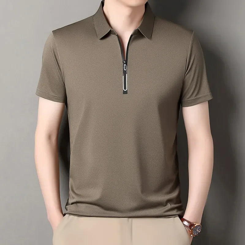 RUBYRU Men's Solid Zipper Short Sleeve Polo T-Shirt